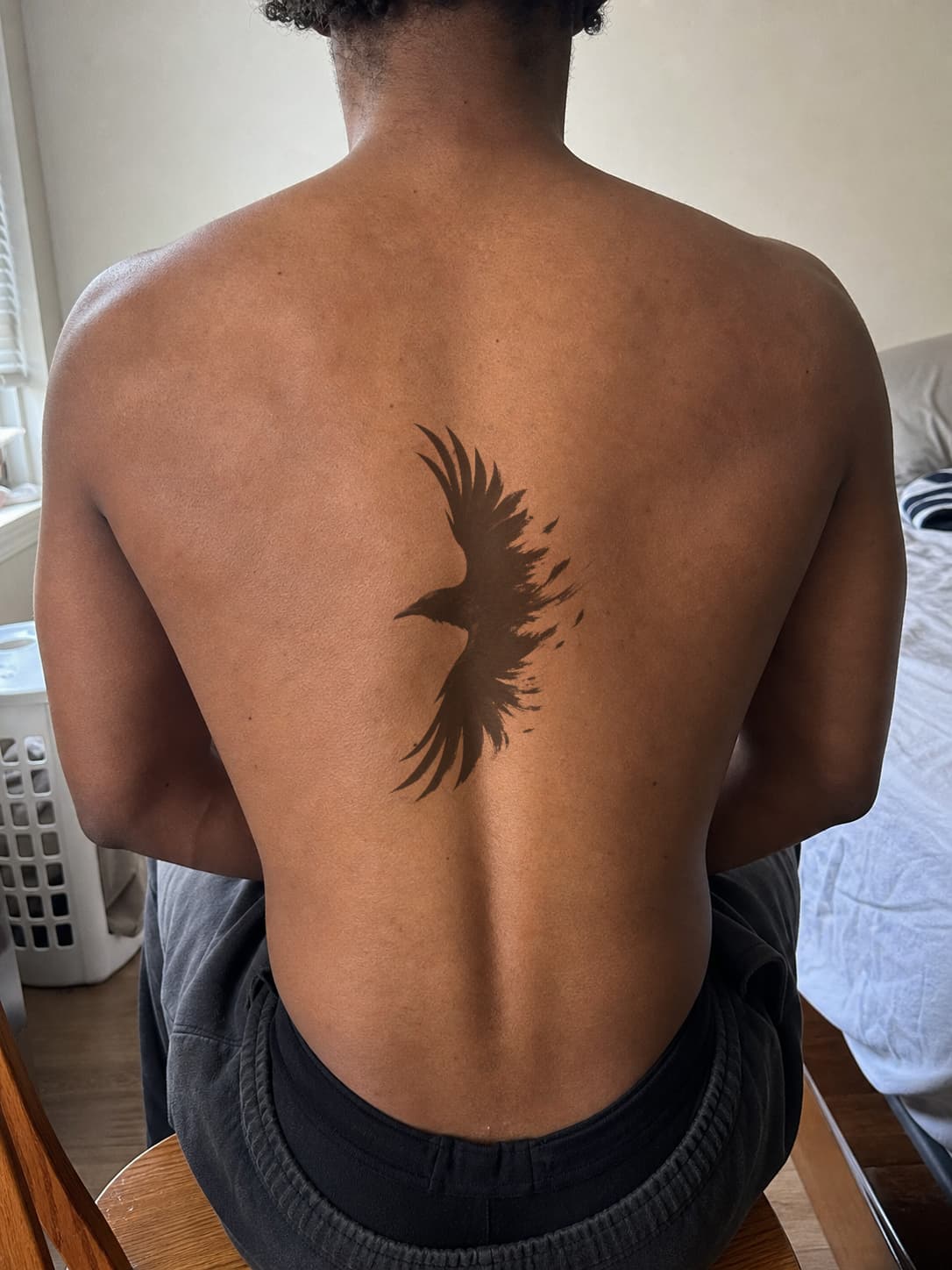 Blackwork raven previewed across an upper back with deep skin tone