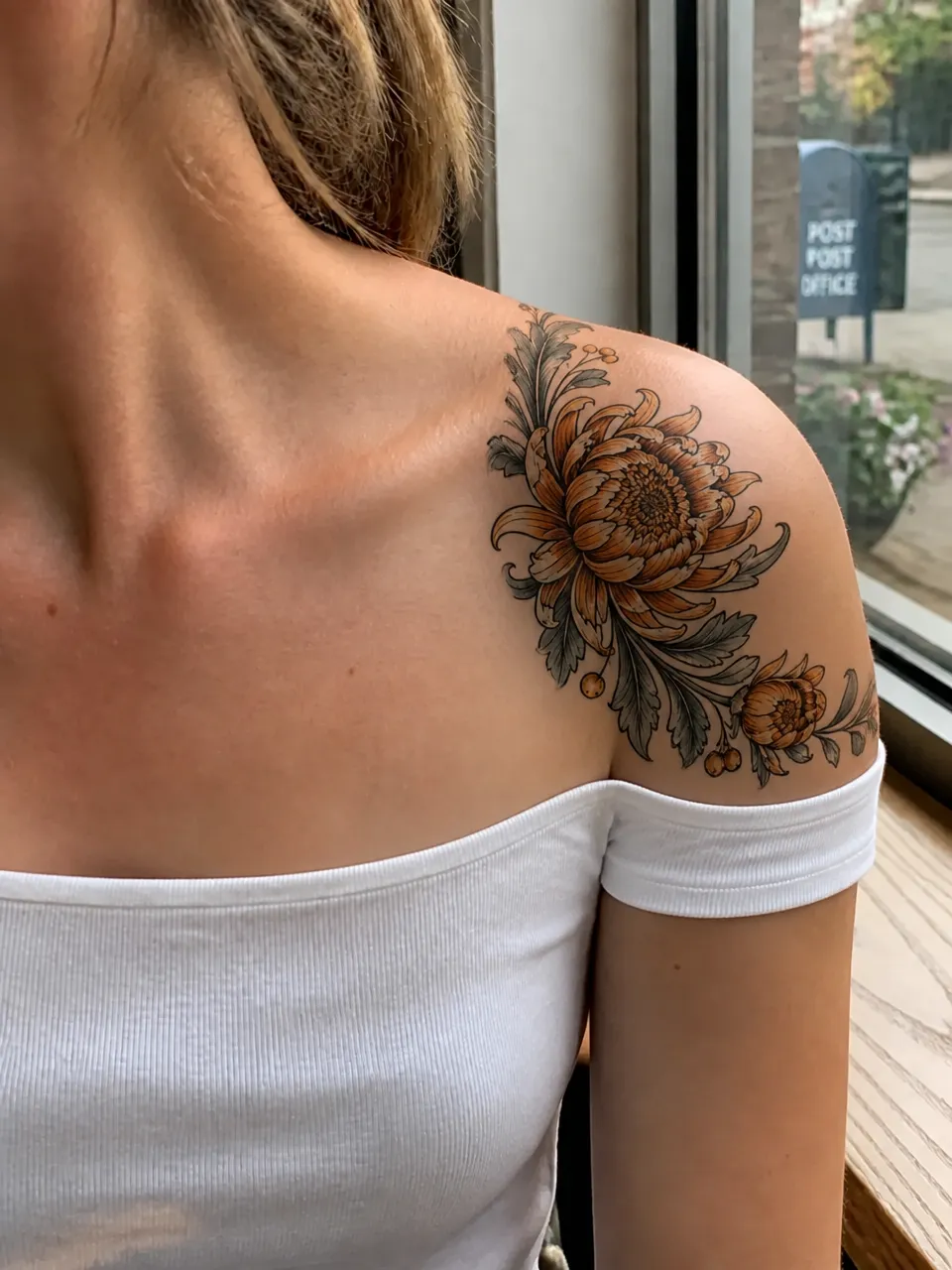 AI-generated colored chrysanthemum tattoo placement wrapping over the shoulder cap