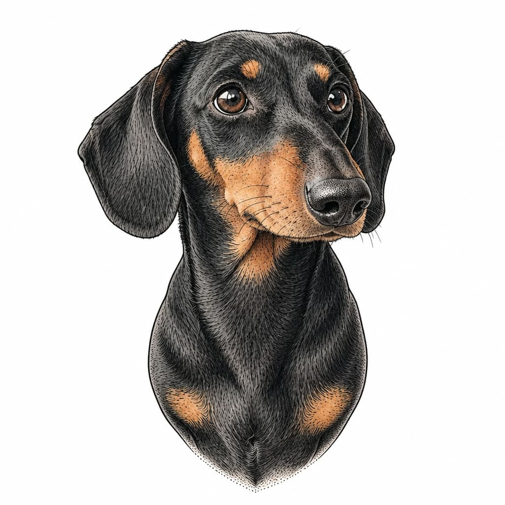Illustrative tattoo concept translated from a black-and-tan dachshund photo